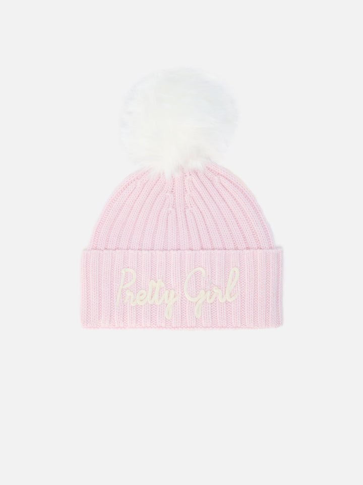 Wengen Jr F beanie in cashmere blend in pink with Pretty Girl embroidery