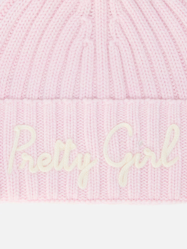 Wengen Jr F beanie in cashmere blend in pink with Pretty Girl embroidery
