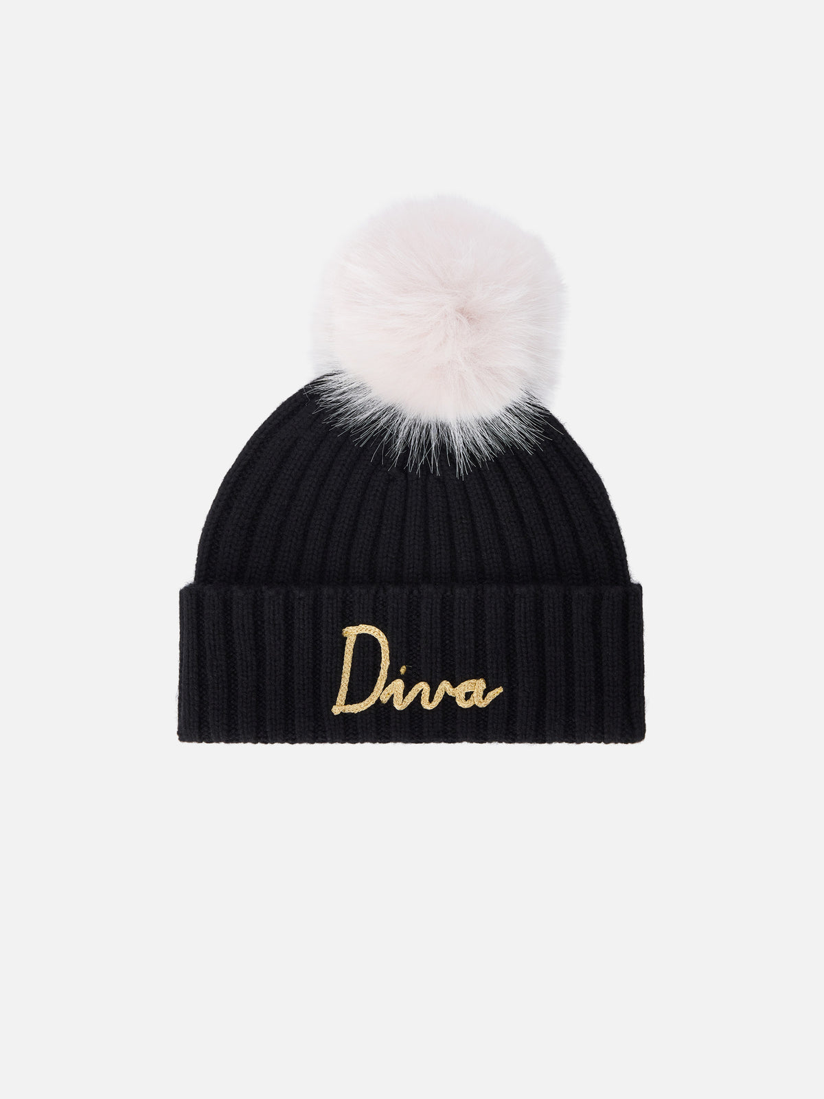 Bonnet Wengen noir avec pompon et broderie Diva 