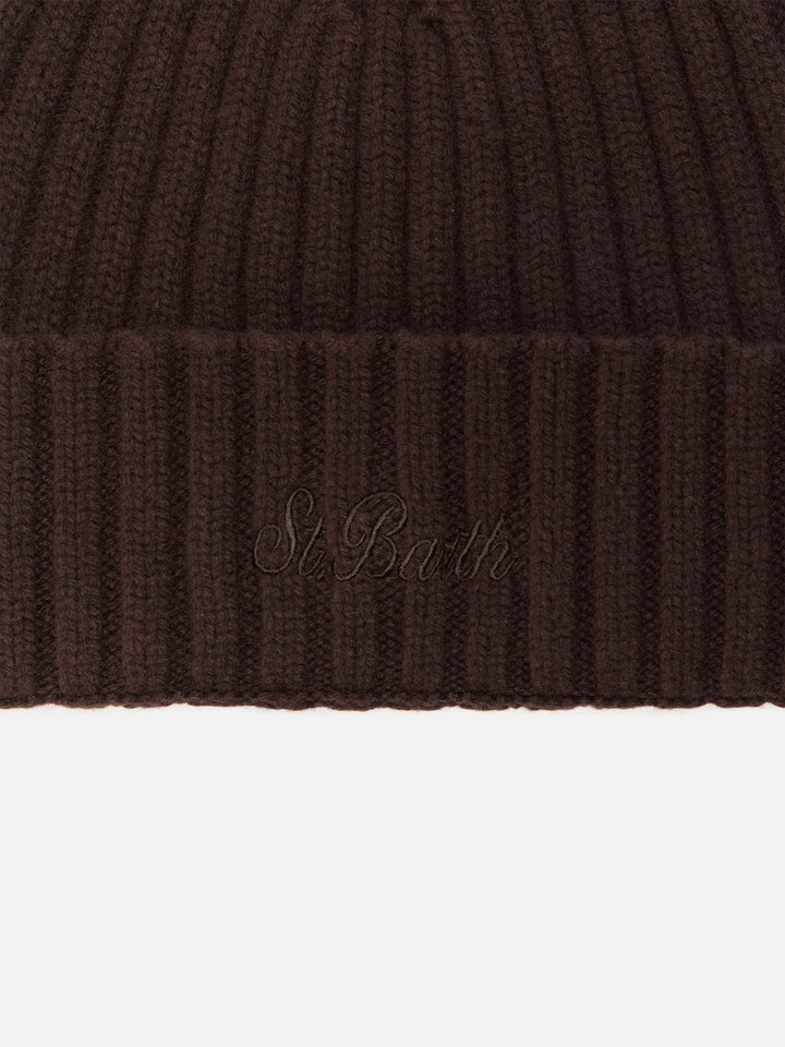 Bonnet Wengen en laine marron foncé avec broderie du logo 
