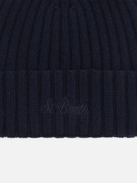 Berretto Wengen blu notte in lana con ricamo logo