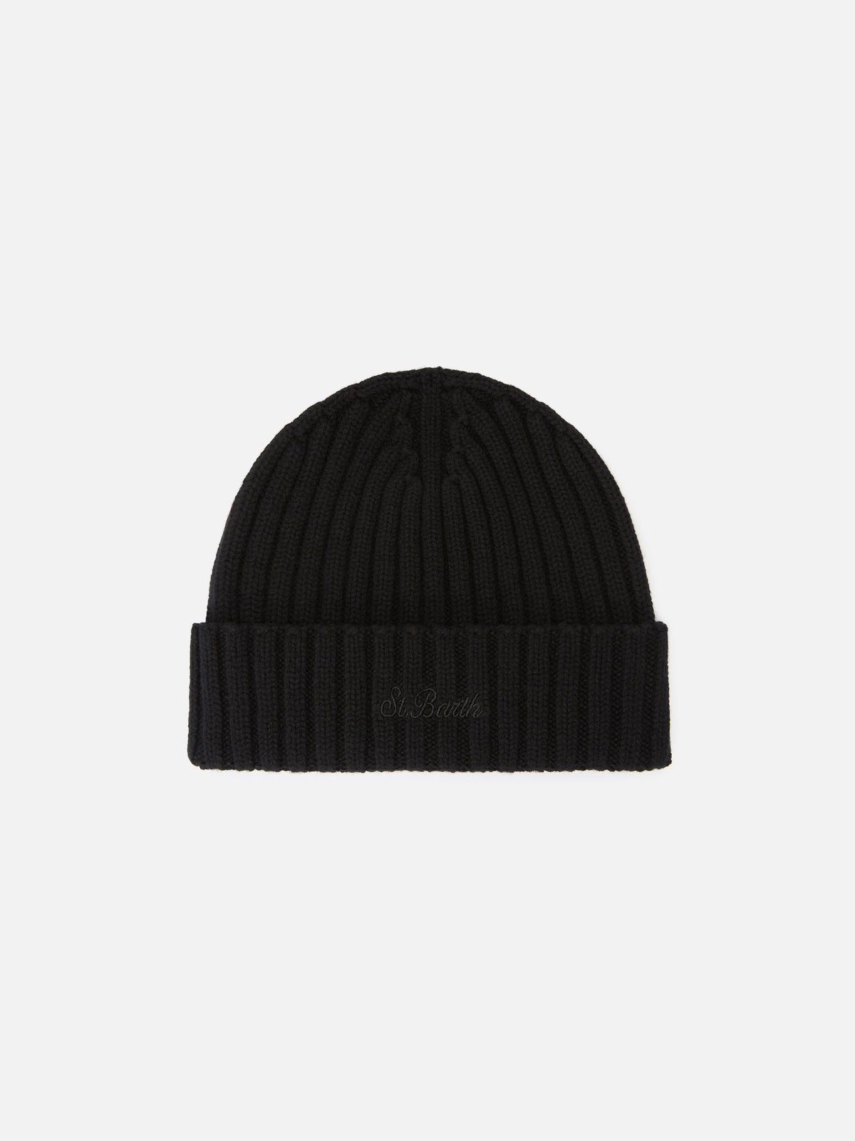 Schwarze Wengen Beanie aus Wolle mit gesticktem Logo 