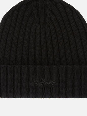 Schwarze Wengen Beanie aus Wolle mit gesticktem Logo 