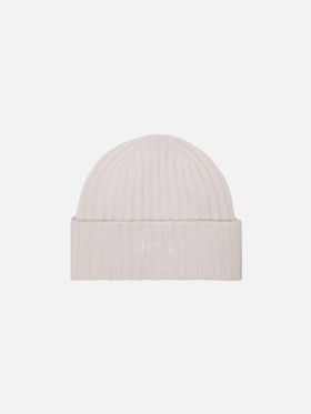 Wengen beanie in white cashmere with St. Barth embroidery on the turn-up