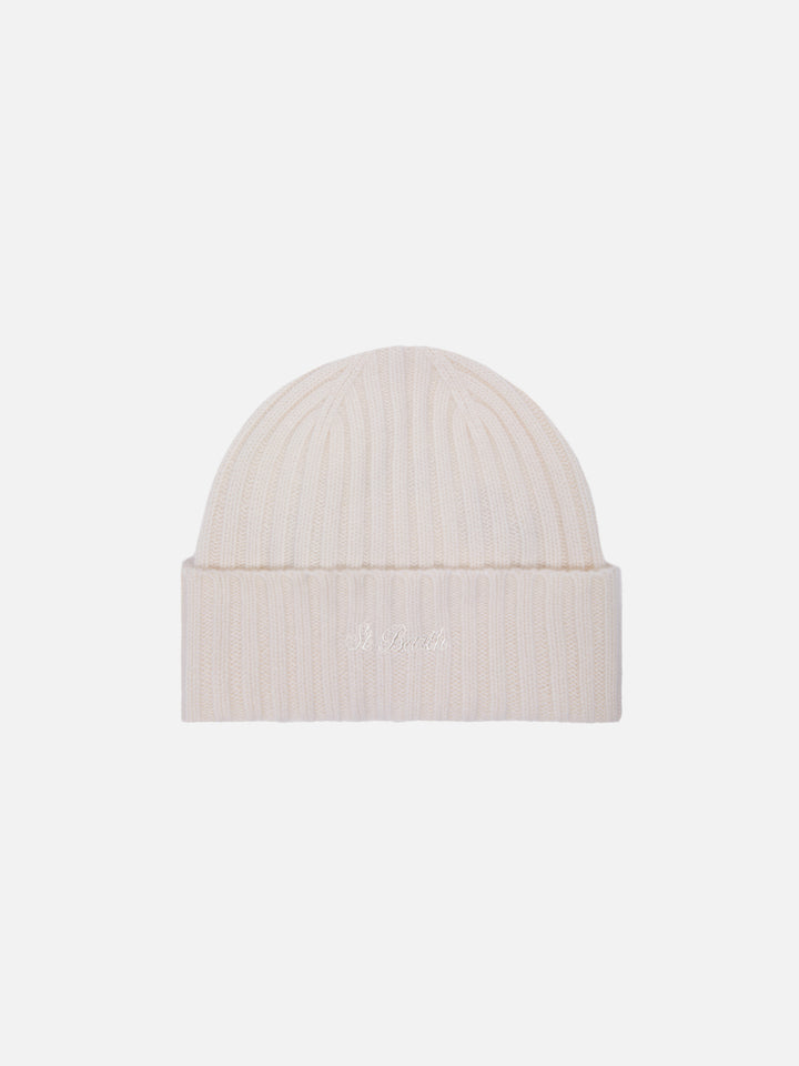 Wengen beanie in white cashmere with St. Barth embroidery on the turn-up