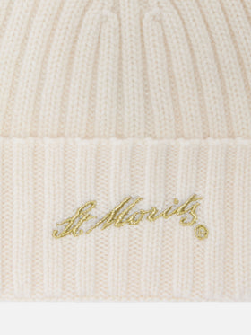 Wengen beanie in pink cashmere with St. Moritz embroidery