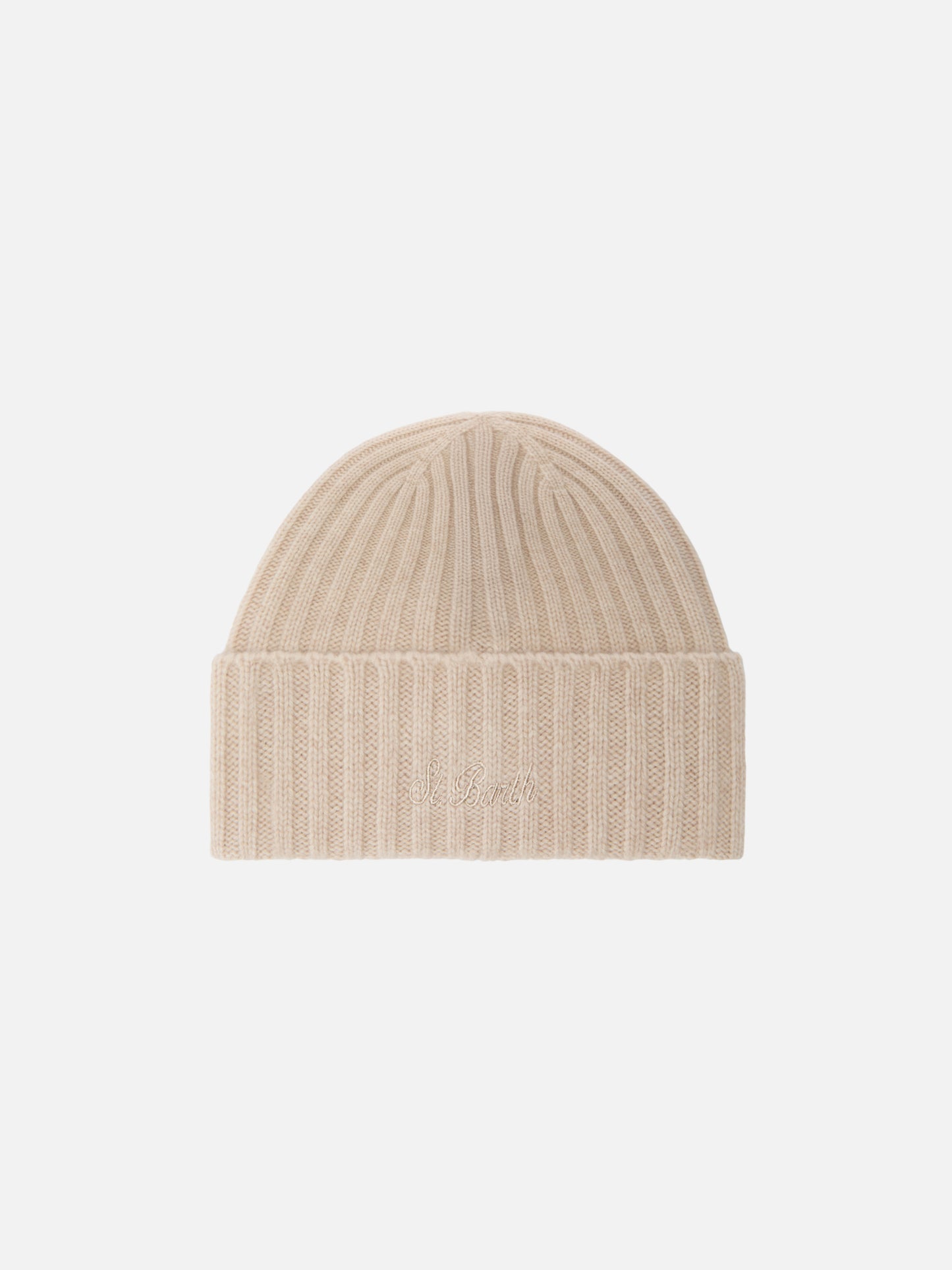 Wengen beanie in beige melange cashmere with St. Barth embroidery on the turn-up