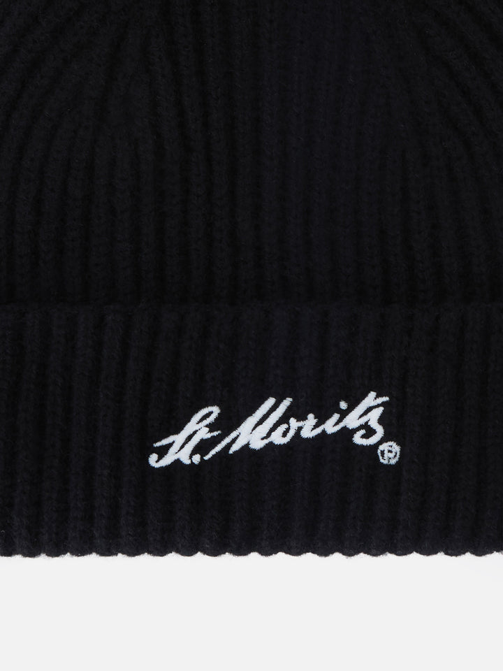 Schwarze Wengen Beanie aus Cashmere mit St. Moritz-Stickerei | Special edition 