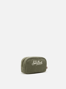 Green Westwood linen beauty bag with embroidered logo