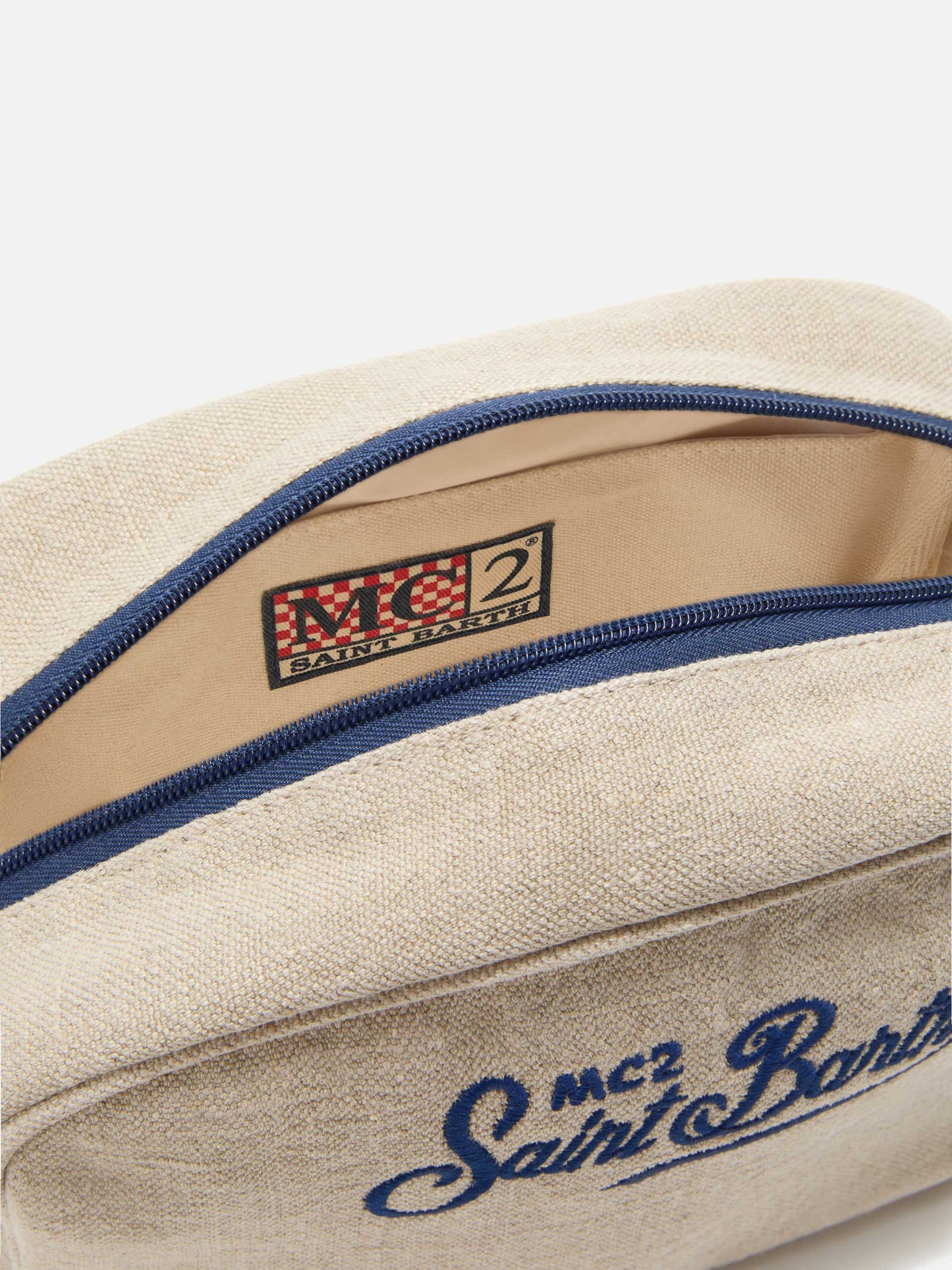 Beige Westwood linen beauty bag with embroidered logo