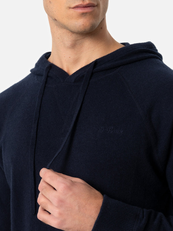 Man navy blue cashmere blend hooded sweater Willbur