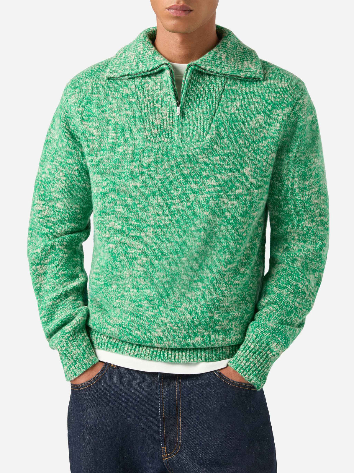 Green Wesley wool half zip knit with mouliné knit