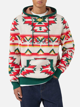 Wood brushed hooded knit with ethnic pattern