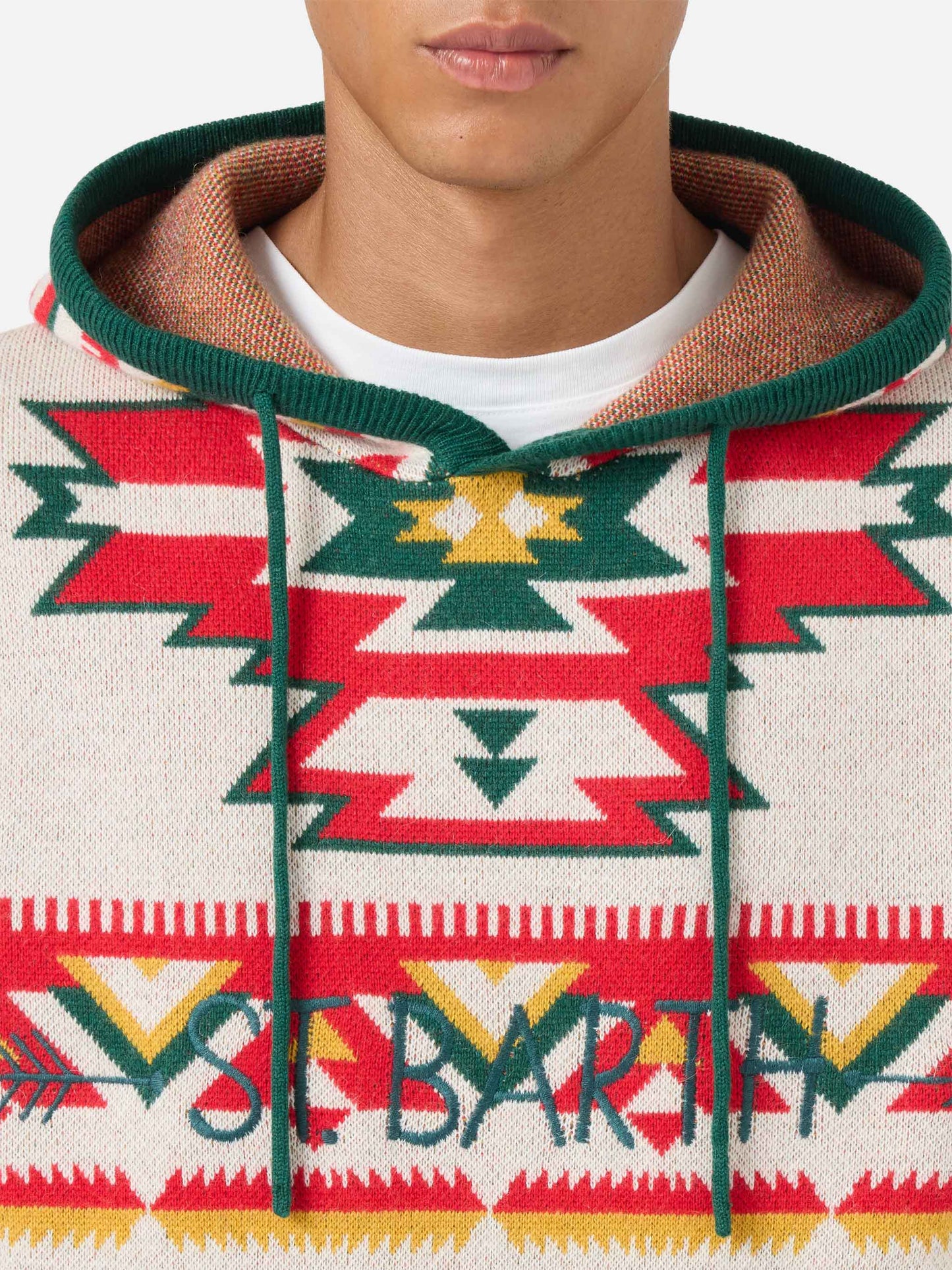 Wood brushed hooded knit with ethnic pattern