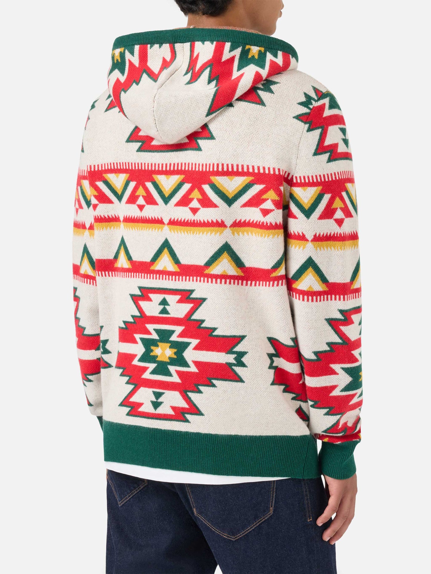 Wood brushed hooded knit with ethnic pattern