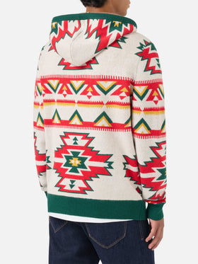 Wood brushed hooded knit with ethnic pattern