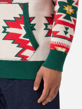 Wood brushed hooded knit with ethnic pattern