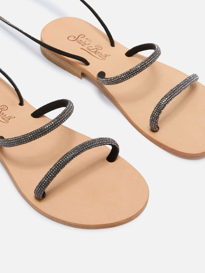 Wrap lace-up sandals with black rhinestones