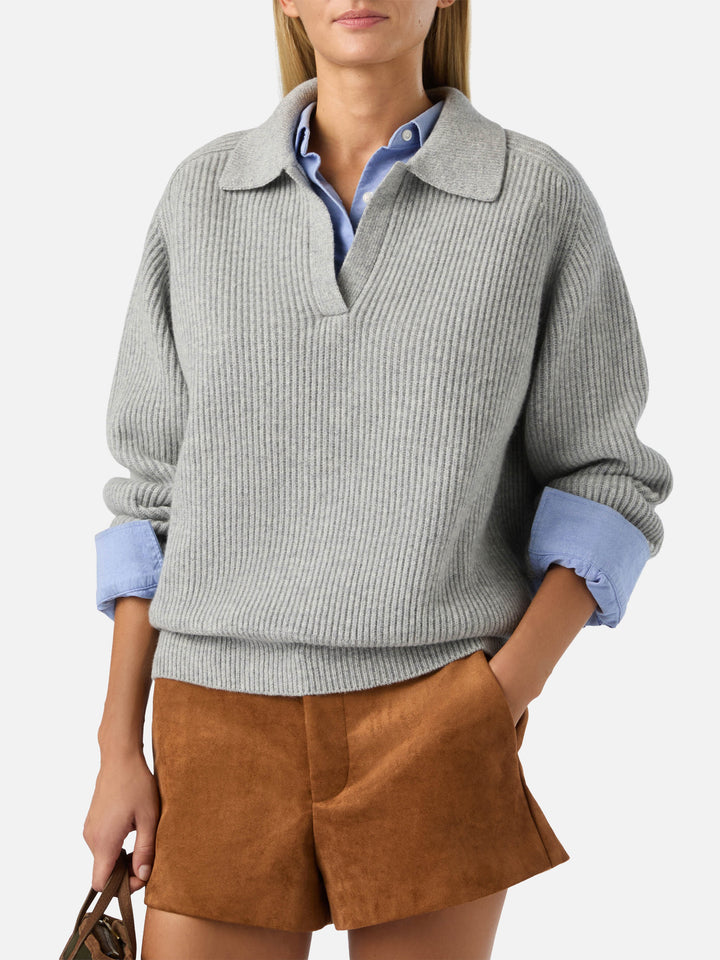 Grauer Strickpullover Yaoni aus Wolle mit Polokragen 