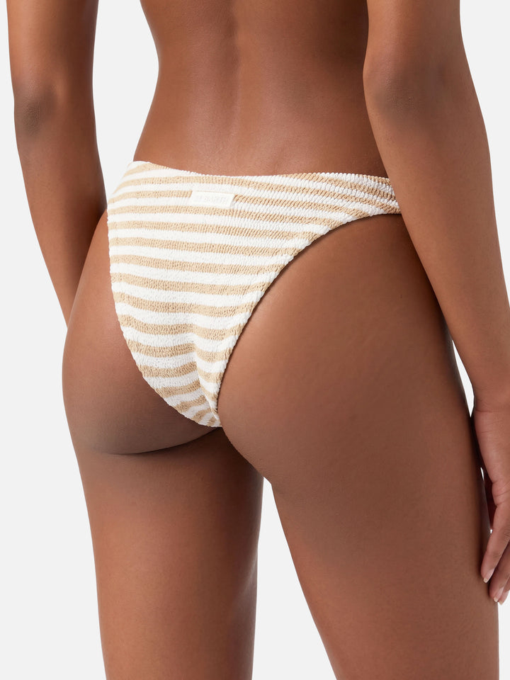Slip de baño de efecto arrugado Elise con estampado de rayas biege 