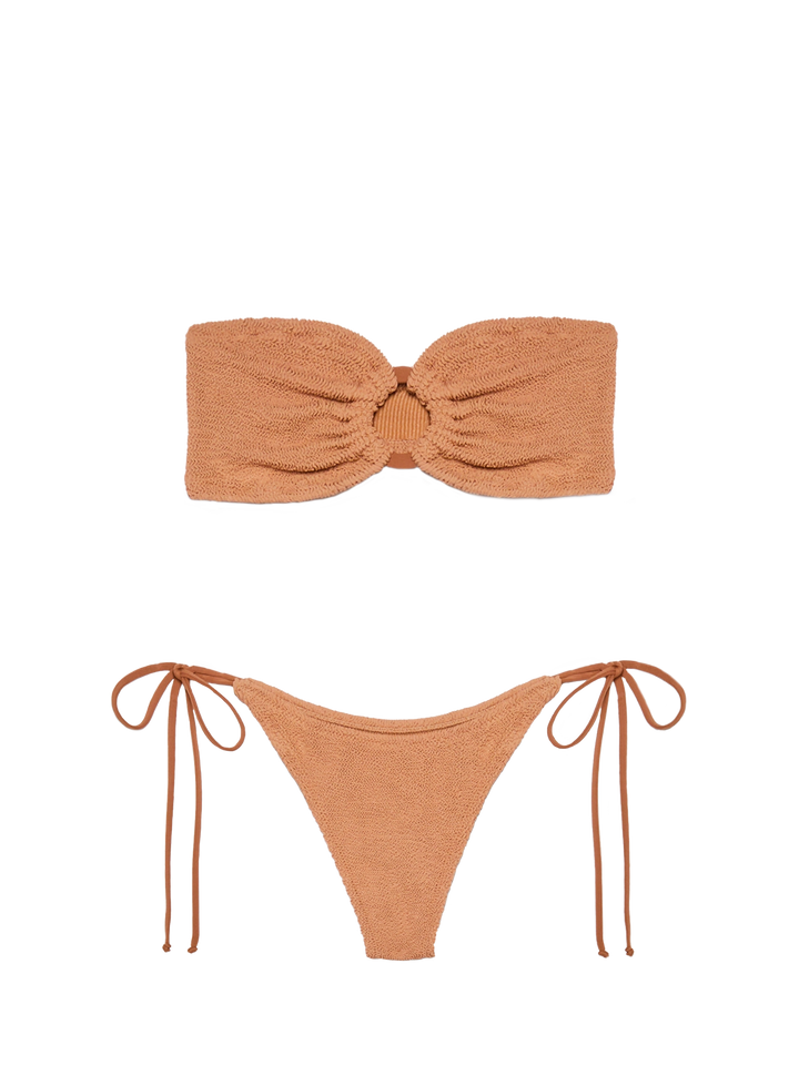 Yulia Norah caramel brown crinkle bikini with bandeau top and cheekiest briefs - MC2 Saint Barth