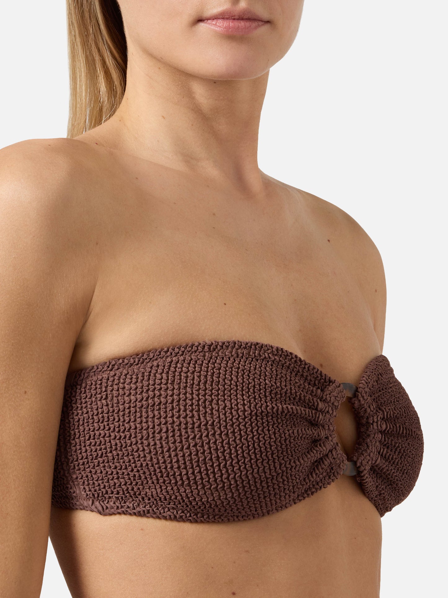 Yulia bandeau bikini top in brown crinkle fabric