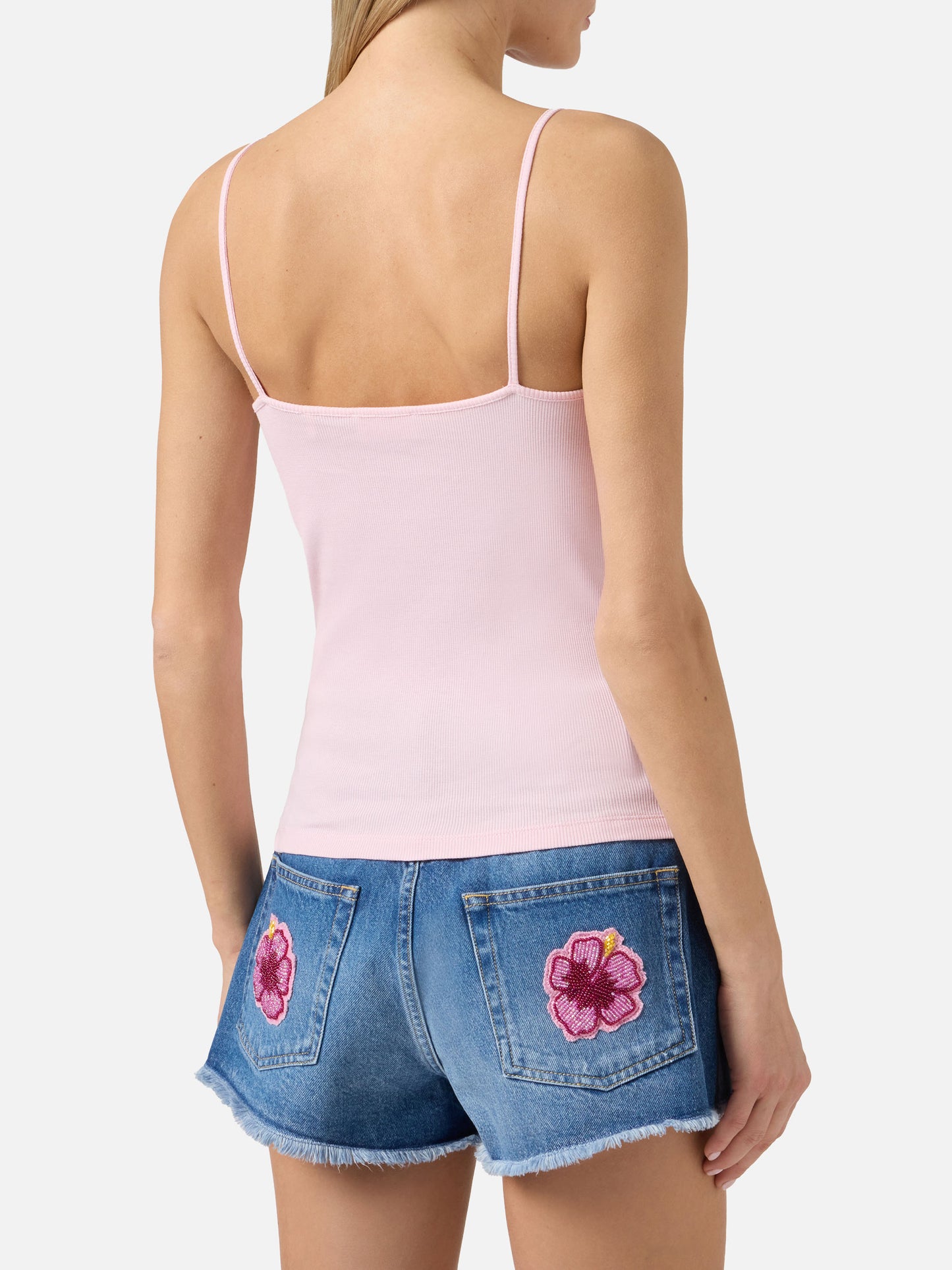 Pink Zaira tank top with embroidered logo and bead patch
