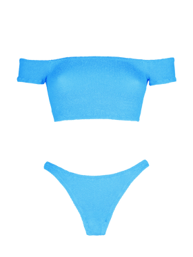 Woman turquoise crinkle wide shoulder strap bikini