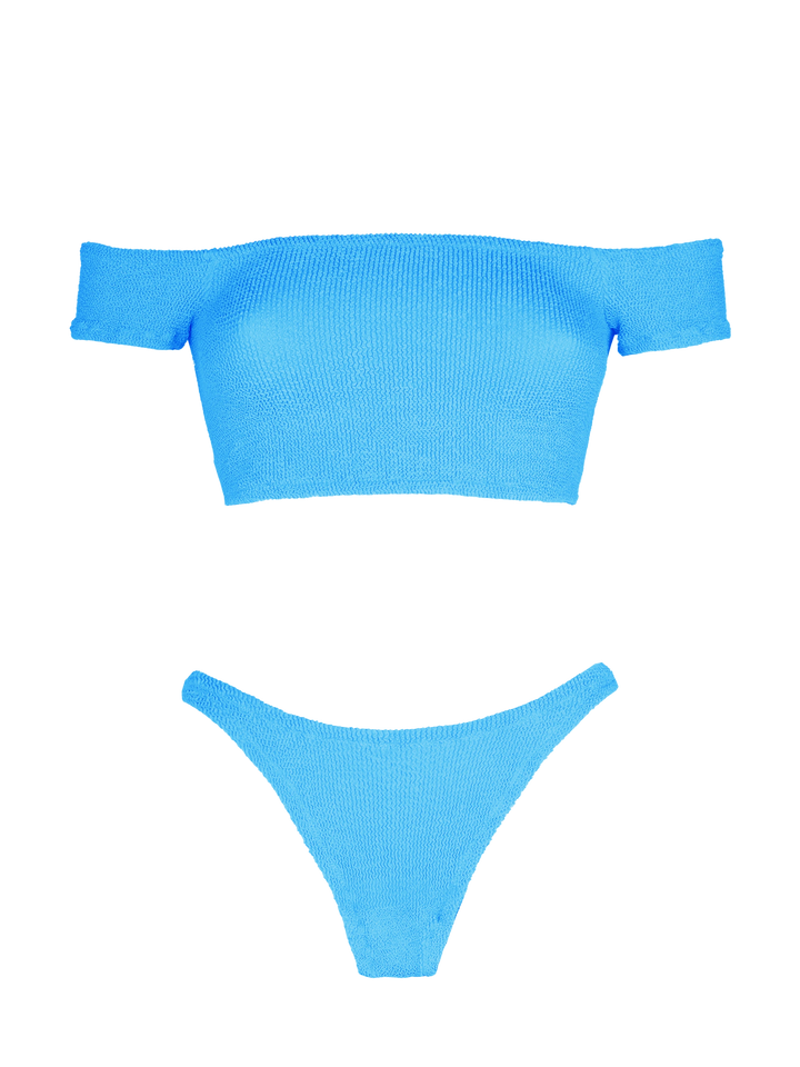 Woman turquoise crinkle wide shoulder strap bikini