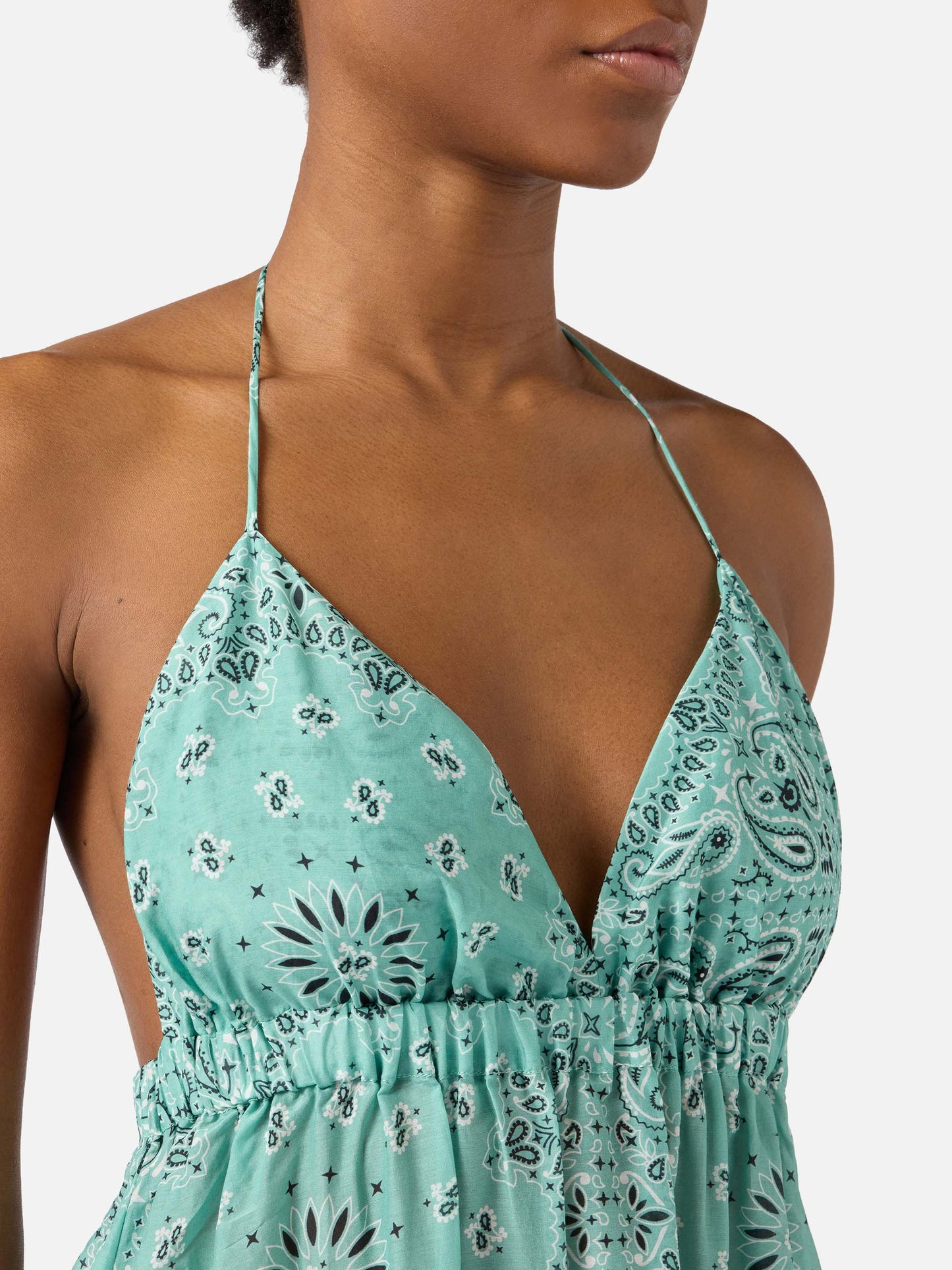 Long Zucky dress in silk with aqua green bandana print