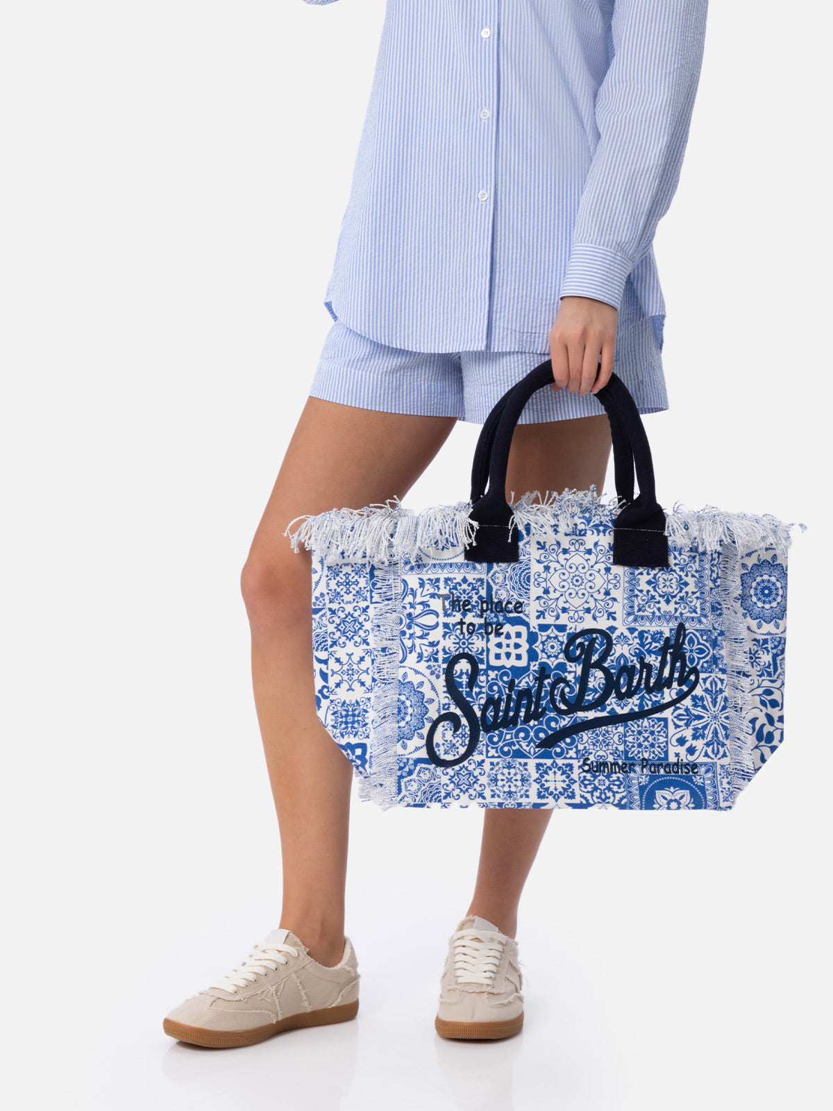 Borsa tote Vanity in tela di cotone con patch maioliche