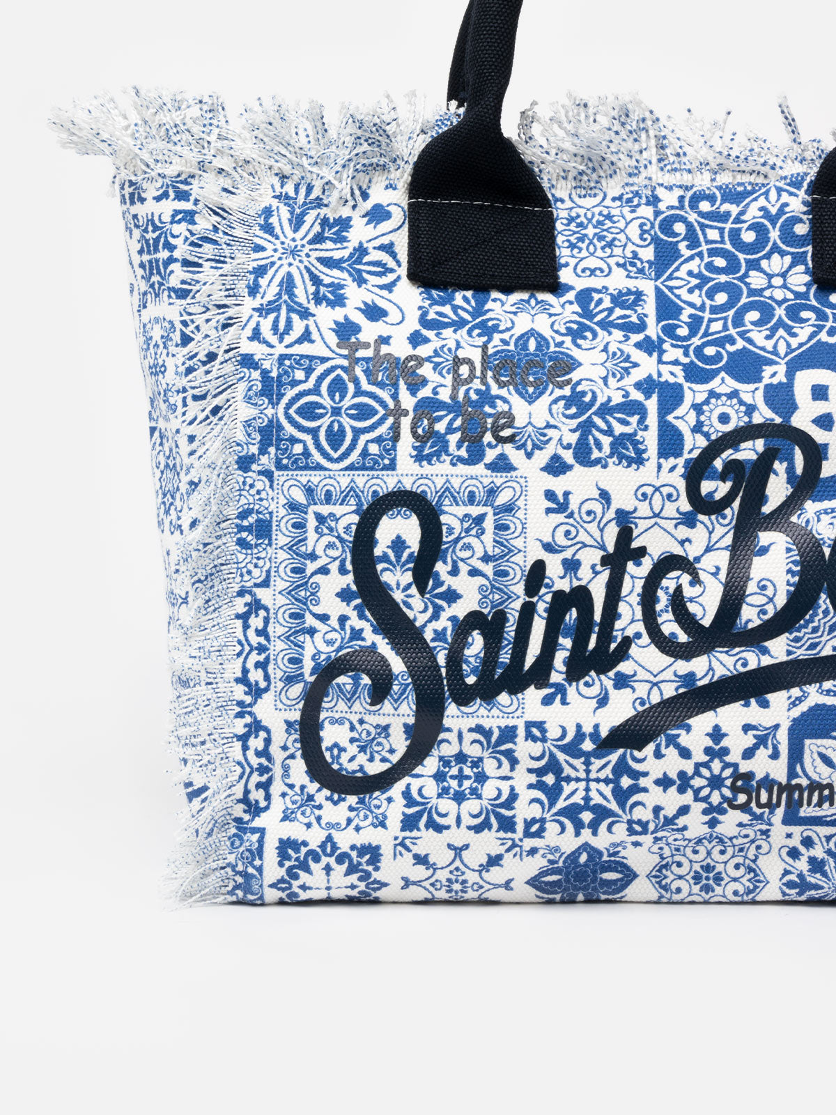 Borsa tote Vanity in tela di cotone con patch maioliche