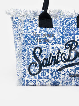 Borsa tote Vanity in tela di cotone con patch maioliche