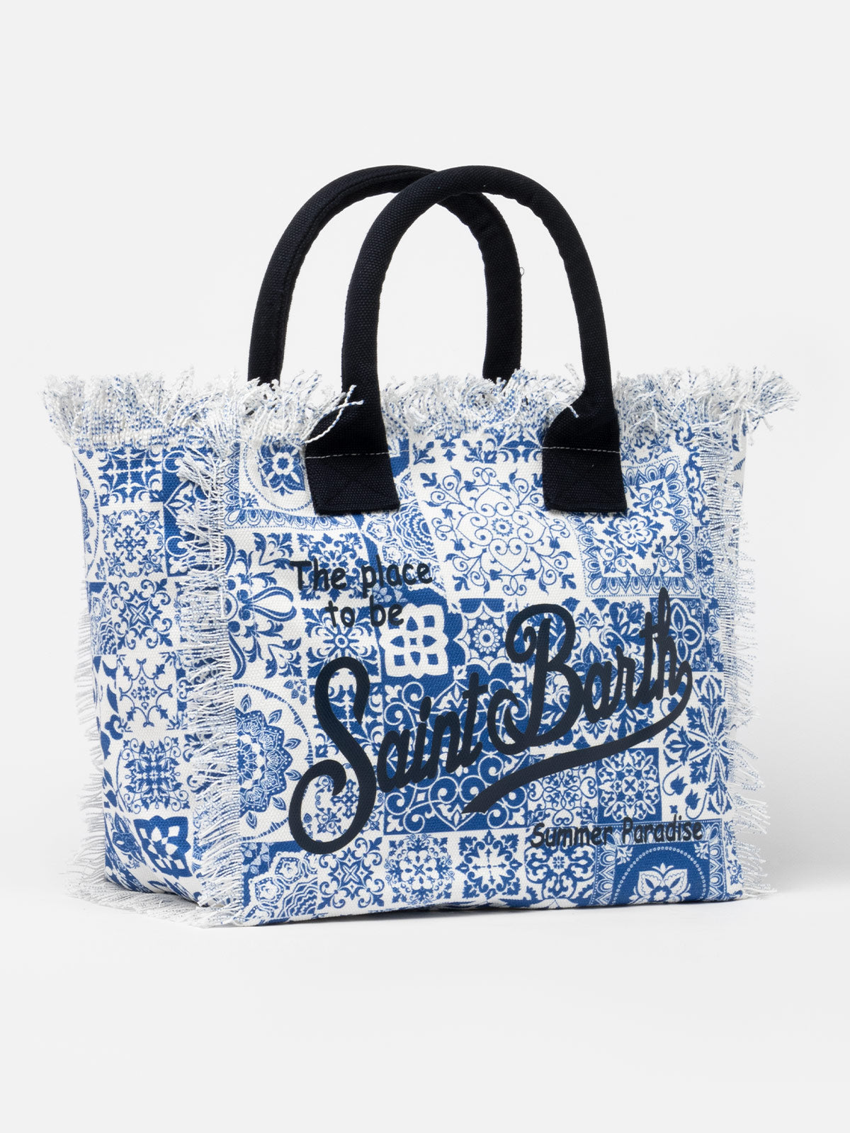 Borsa tote Vanity in tela di cotone con patch maioliche