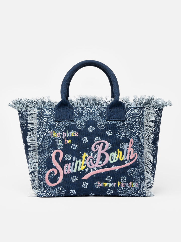 Denim blue cotton canvas Vanity tote bag with badanna print - MC2 Saint Barth