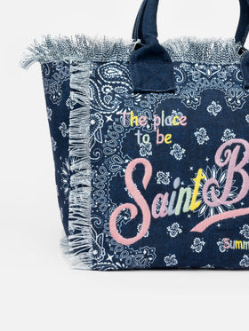 Denim blue cotton canvas Vanity tote bag with badanna print - MC2 Saint Barth