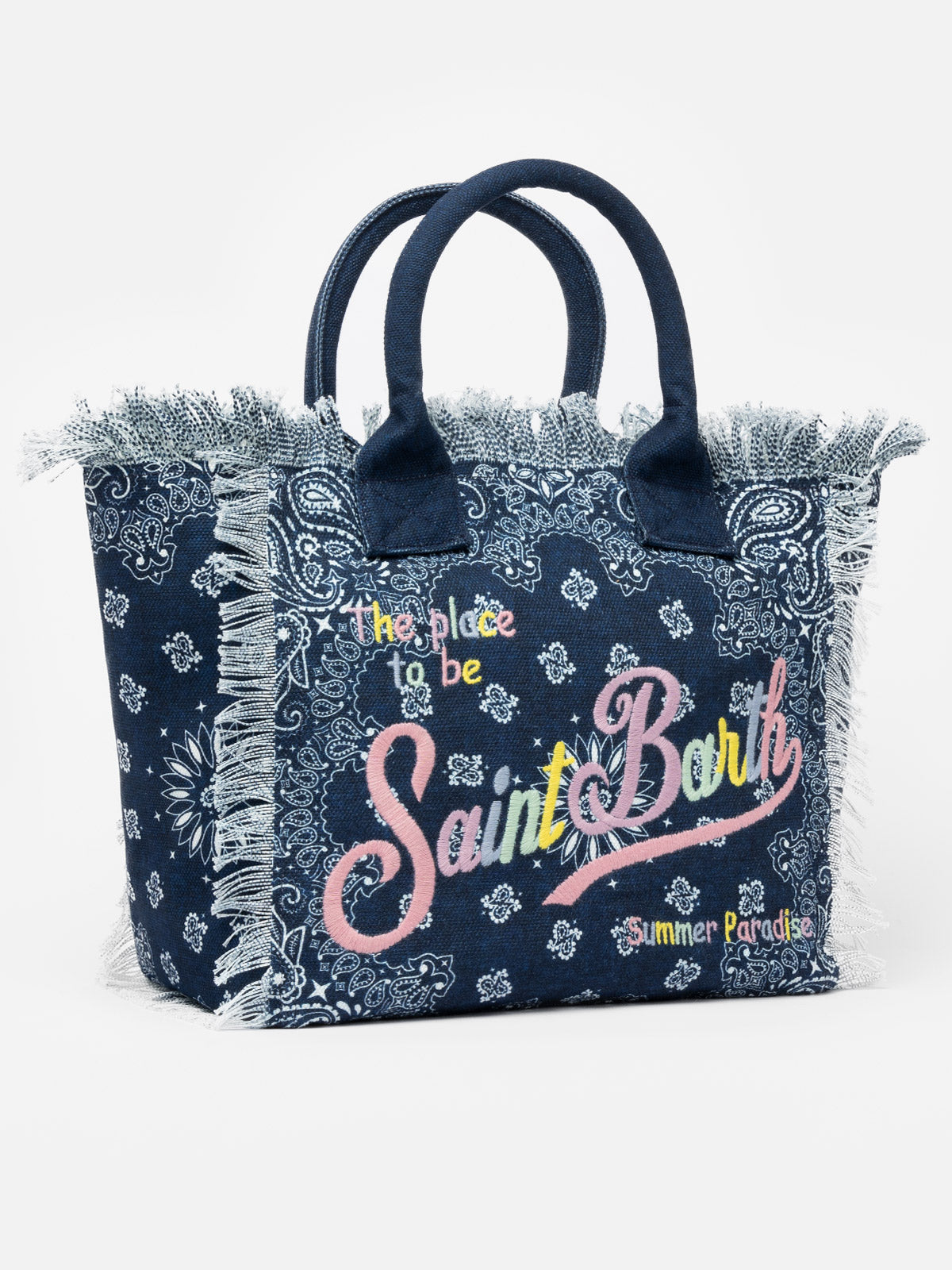 Denim blue cotton canvas Vanity tote bag with badanna print - MC2 Saint Barth