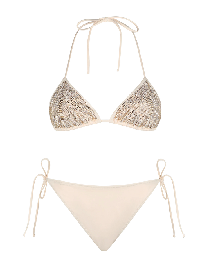 Damen-Triangel-Bikini in Beige mit Strasssteinen