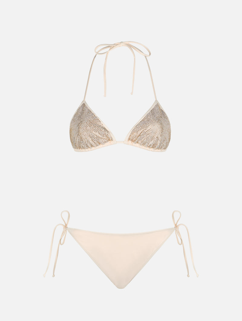 Damen-Triangel-Bikini in Beige mit Strasssteinen