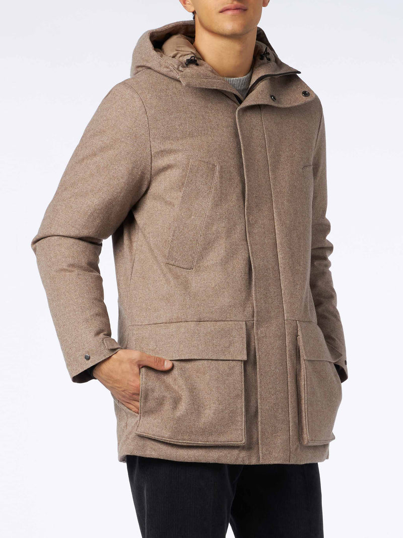 Man hooded parka with herringbone print