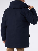 Man hooded blue parka jacket