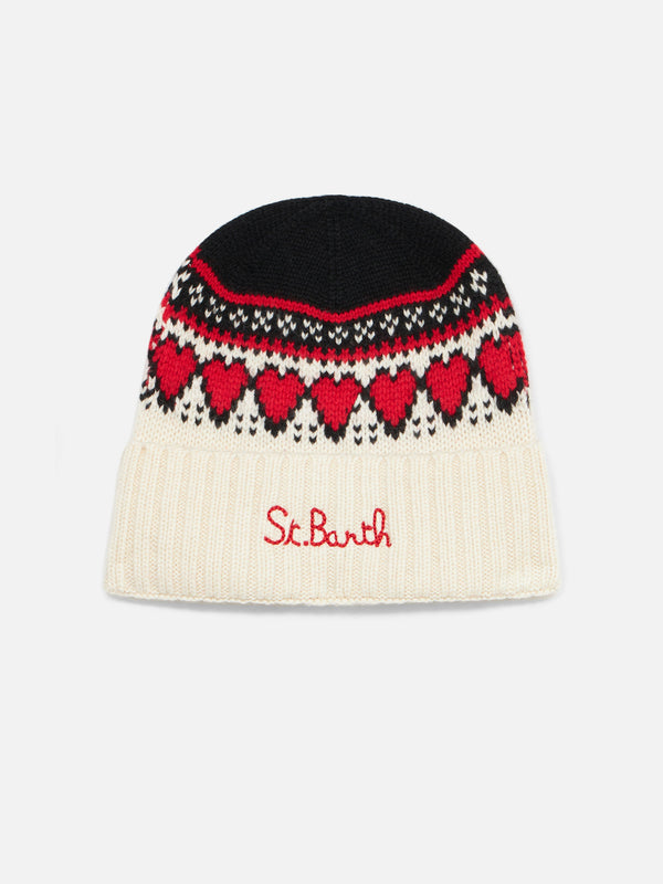 Woman white beanie with fair isle heart print