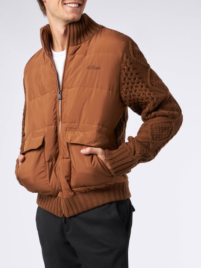 Man brown padded jacket with knitted sleeves