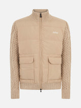 Man beige padded jacket with knitted braided sleeves