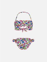 Bikini da bambina a fascia con stampa leopardata