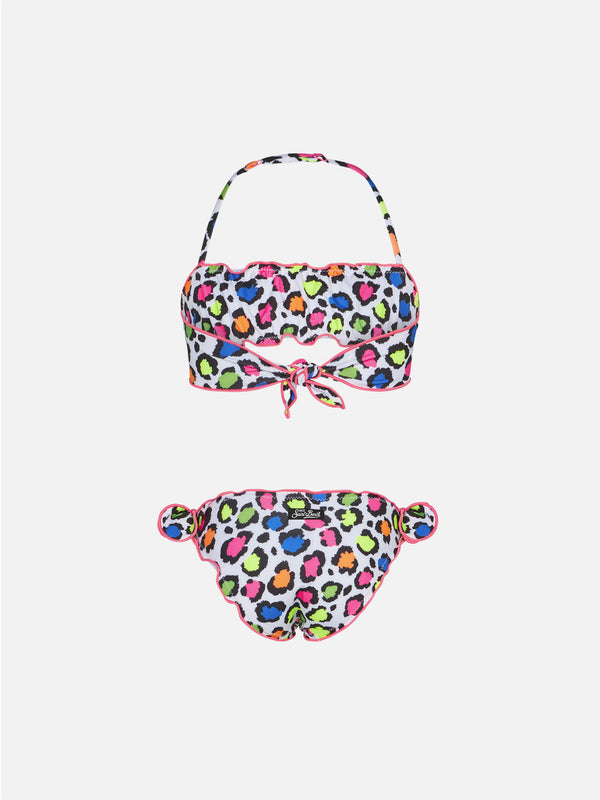 Bikini da bambina a fascia con stampa leopardata