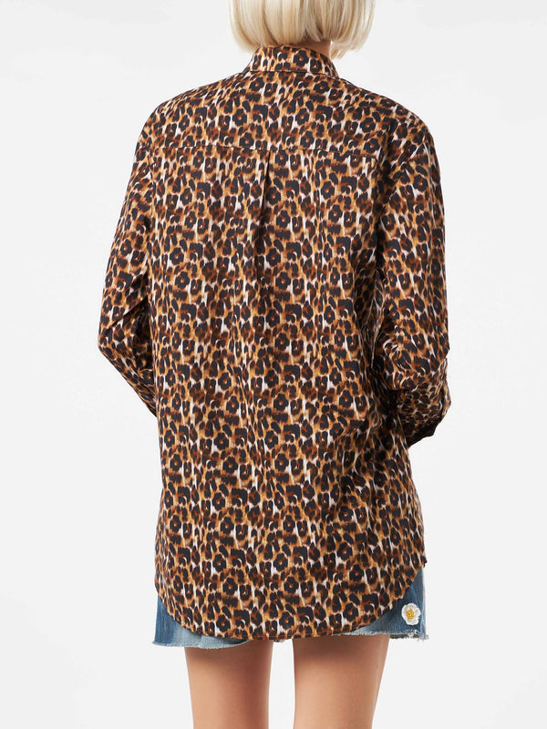 Leopard print cotton shirt with embroidery