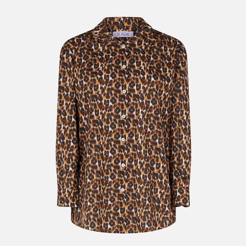 Camicia in cotone stampa leopardo con ricamo