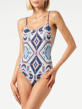 Woman one piece swimsuit with glitter aztec print