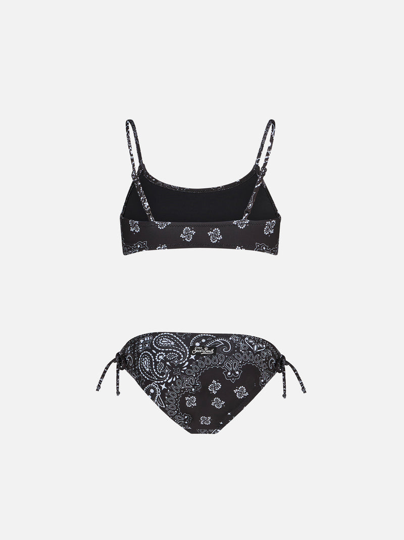 Bikini da bambina a bralette nero con stampa bandana